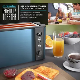 Arendo 4-Scheiben-Toaster mit Restzeitanzeige, Langschlitz-Toaster, Auftaufunktion, 6 Stufen, Blau