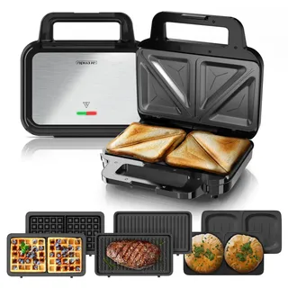 Arendo - 4 in 1 Sandwichmaker mit Wechselplatten - Waffeleisen doppelt - Panini Maker Kontaktgrill - Antihaftbeschichtung - BPA und PFOA frei - Temperaturkontrolle – Sandwich Maker - Sandwichtoaster