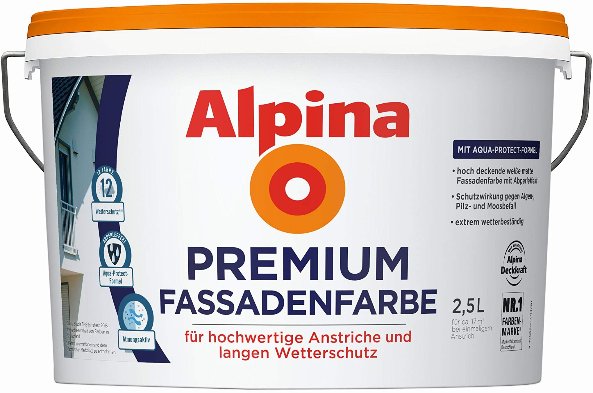 Alpina Premium Fassadenfarbe – weiß, matt – hochwertige Aussenfarbe mit langem Wetterschutz – ergiebig, wetterbeständig & atmungsaktiv – 2,5 Liter