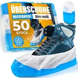 50x Schuhüberzieher wasserdicht blau-weiß von ISC Hygiene & Safety Überschuhe Verstärkt Extra Stark >9g - Rutschfeste Überzieher für Schuhe - Einheitsgröße, Überziehschuhe Einweg Mehrweg Galoschen