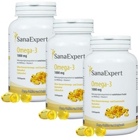 SanaExpert Omega-3 Fettsäuren, 1000 mg, mit natürlichem Fischöl aus Wildfang und Vitamin E, für Gehirn, Herz & Sehkraft, 3 Packungen à 120 Kapseln (3)