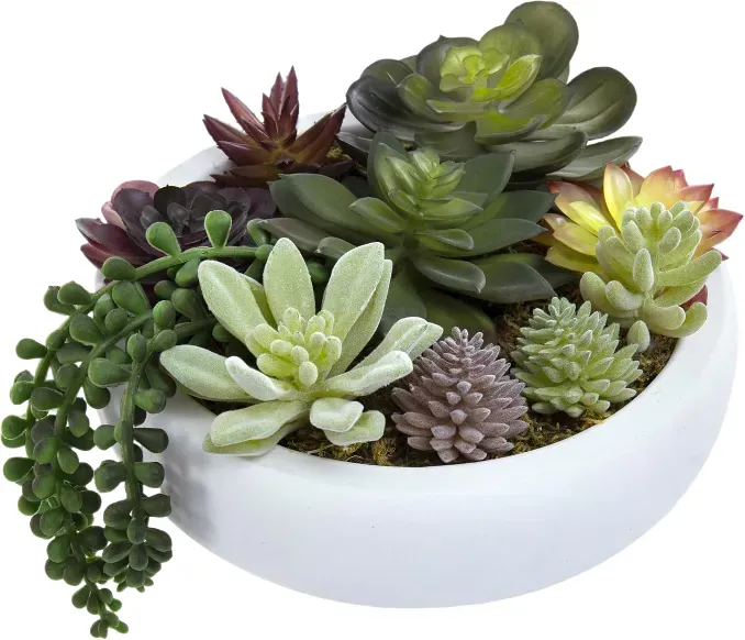 MyGift 20 cm Rundes Modernes Künstliches Sukkulenten-Arrangement in Weißem Beton-Pflanzgefäß, Verschiedene Künstliche Mini-Sukkulenten in Dekorativem Pflanztopf