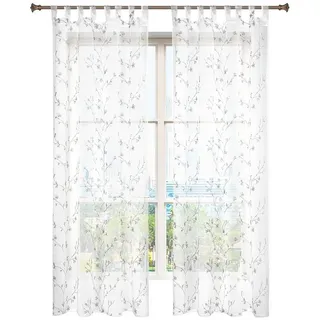 Woltu Gardinen transparent Blumen Stickerei mit Schlaufen Leinen Optik(2 Stücke) grau 140x245 cm - Woltu