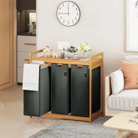 ADEL DREAM AdelDream Wäschekorb mit Bambusrahmen 150 l, 3 Fächer Bambus Wäschesammler Grau - Grau