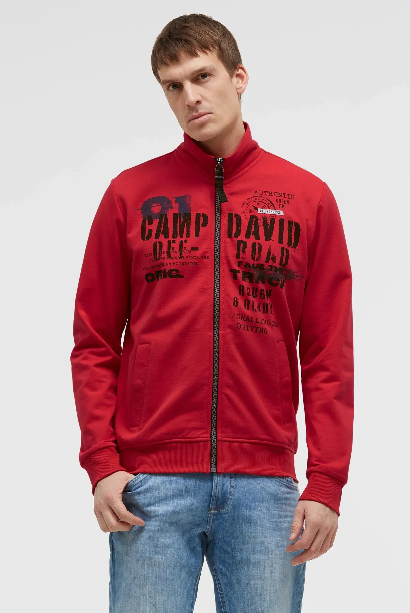 Sweatjacke CAMP DAVID, Herren, Gr. XXL, rot orange, Material: 52% Baumwolle, 48% Polyester, bedruckt, regular fit normal, hoch geschlossener Ausschnitt, eingesetzt Rippbündchen, Sweatjacken Sweatjacke, mit Reißverschlusstaschen
