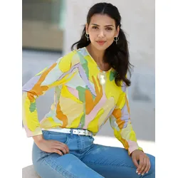 Langarmshirt CLASSIC BASICS "Druck-Shirt", Damen, Gr. 44, bunt (limone, flieder, bedruckt), 100% Baumwolle, gemustert, mehrfarbig, Rundhals, Langarm, Shirts