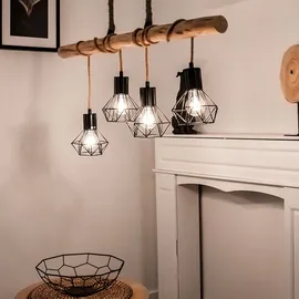 GLOBO LED Hängeleuchte Esszimmerlampe Deckenleuchte Pendellampe, Holz Balken, Hanfseil, Retroleuchte Vintage Rustikal, 4-Flammig, 4x E27 Filament LED warmweiß, Länge 100 cm