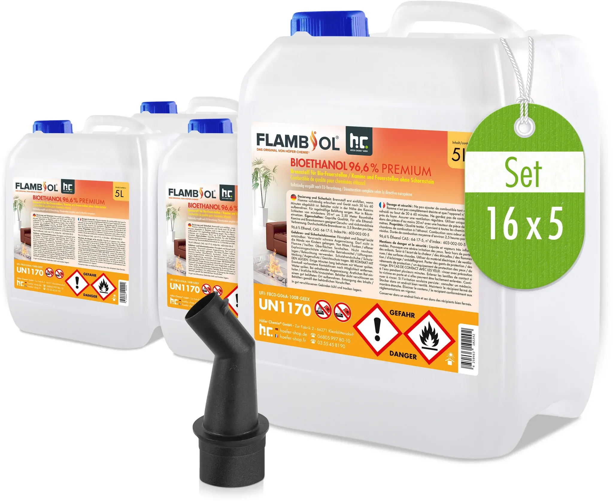 16 x 5 L FLAMBIOL® Bioéthanol 96,6% Premium pour brûleurs à éthanol ou cheminées