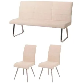 MCW Esszimmer-Set MCW-G55, 2er-Set Stuhl + Sitzbank 160cm, Edelstahl gebürstet Stoff/Textil Chenille creme