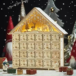 Adventskalender aus Holz mit LED-Lichtern, Weihnachts-Adventskalenderhaus mit 24 Aufbewahrungsschubladen, zum selber befüllen, Countdown-Kalender, Ornament für Kinder, Weihnachtsfeiertagsdekoration (A