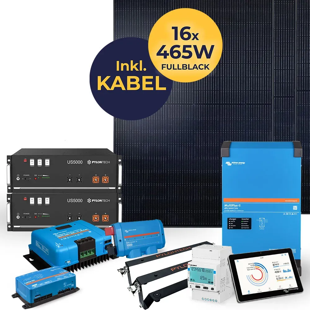 7,44 kW Photovoltaikanlage mit Speicher 9,6 kWh | HUSATECH SunnyHome M | 1-phasig mit Victron MultiPlus II 48/5000/70-50 + MPPT 250/100 + Pylontech US5000