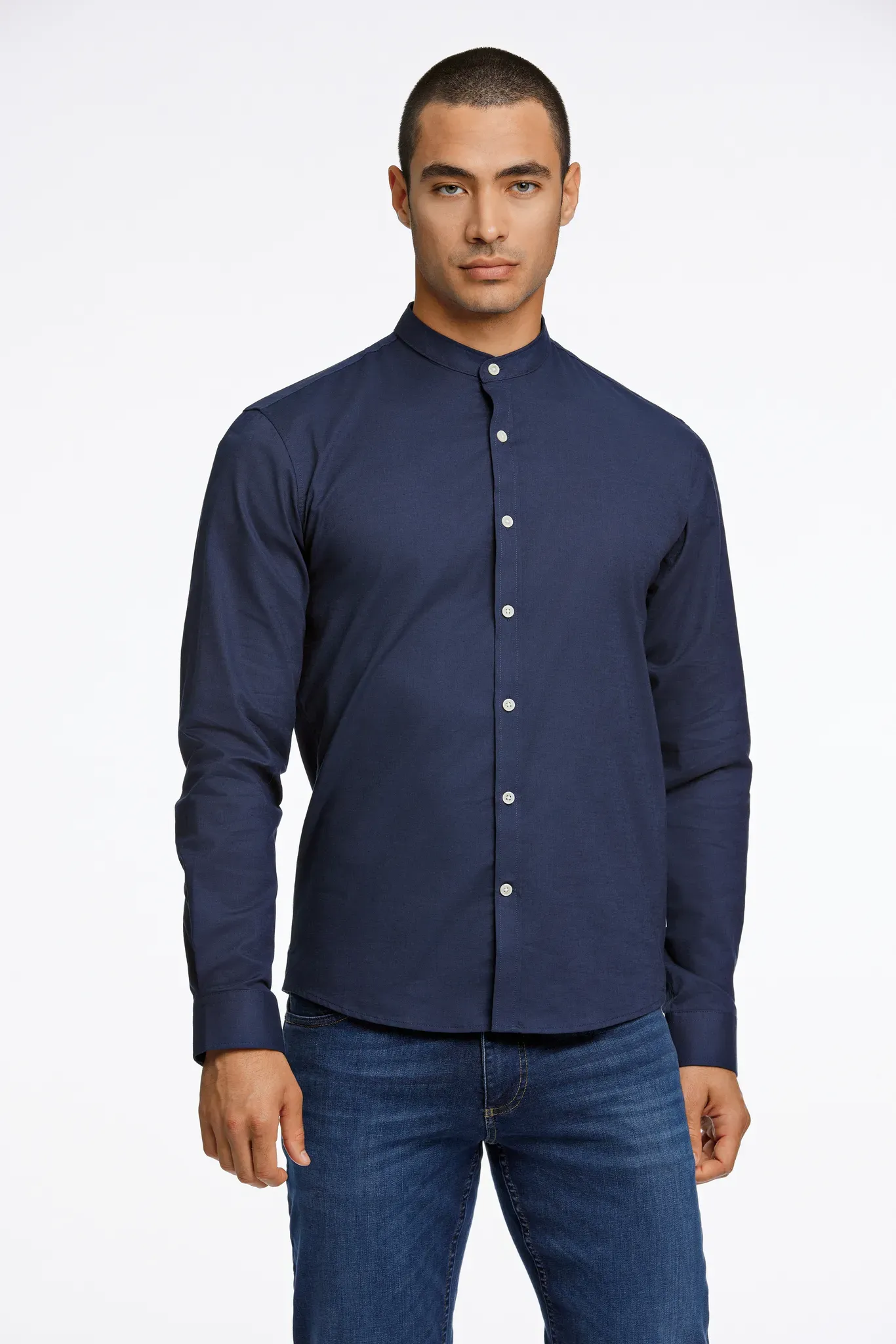 Langarmhemd LINDBERGH, Herren, Gr. L, N-Gr, blau (navy mix), Stoff, Obermaterial: 97% Baumwolle, 3% Elasthan, casual, slim fit normal, Rundhals, Langarm mit Knöpfen 2-Knopf-Manschette mit Knöpfen, Hemden, mit Stehkagen