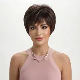 AIYLMZ Kurze braune Bob-Perücke für Damen mit Pony, natürliche, flauschige, geschichtete Pixie-Schnitt-Perücken, synthetische Perücken für tägliche Party-Kostüme (Braun)