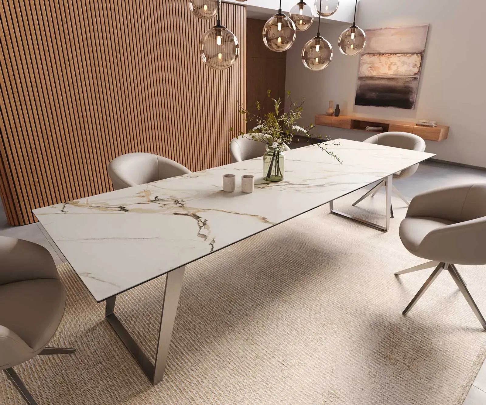 DELIFE Table à manger Edge 300x100 céramique Calacatta Luxe blanc-doré-gris acier inoxydable incliné, Tables de salle à manger