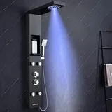 KINKIBOS LED Duschpaneel mit Armatur und Ablage Schwarz, 5 Funktionen Duschsäule Regen&Nebel Dusche, 4 Breitwinkel Verstellbare Massagedüsen, Handbrause und Wasserfall-Wanneneinlauf, Edelstahl