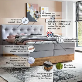 Belanoti Boxspringbett Hellgrau Textil, Echtholz,Eiche, 7-Zonen 180x200 cm, Schlafzimmer, Betten, Boxspringbetten