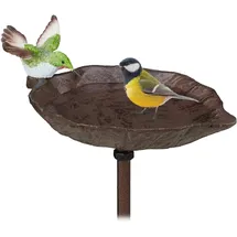 Relaxdays Vogeltränke zum Stecken, mit Erdspieß, Gartendeko, Vogelfutterstelle, Wasserschale, 1 m hoch, braun