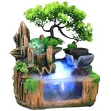 KinHall Zimmerbrunnen mit Nebel LED Beleuchtung, Tischbrunnen Zimmerbrunnen GartenAquariumHarz Desktop-Brunnen mit Pflanzen Zimmerspringbrunnen Wasserfall (G-2013)