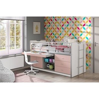 Lomadox Hochbett 90x200cm, mit ausziehbarem Schreibtisch und Stauram, weiß/rosa weiß
