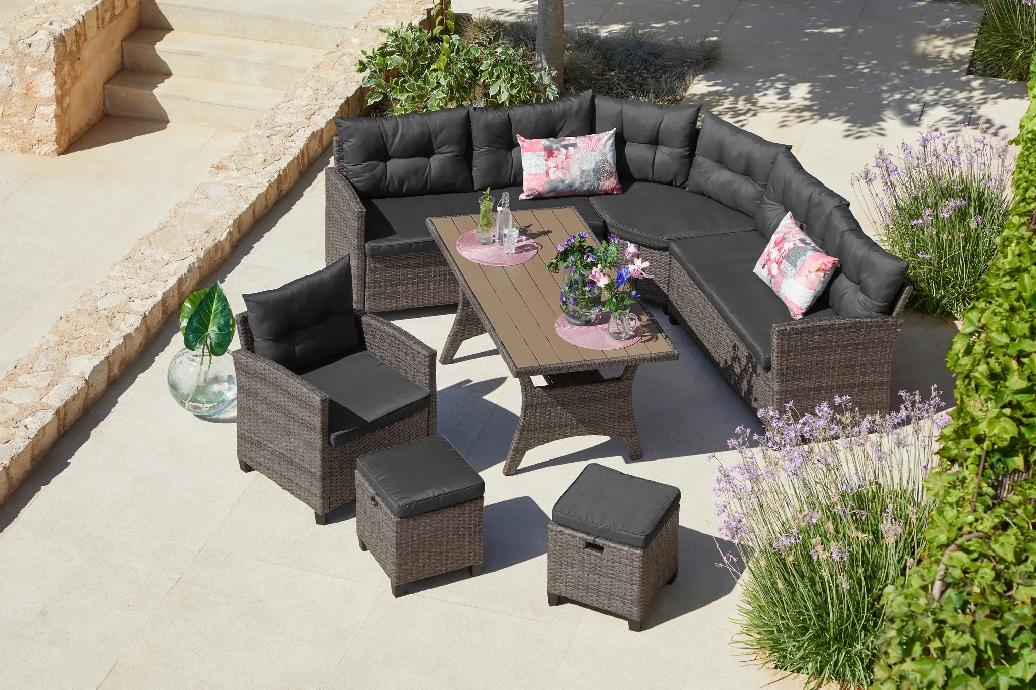 Gartenlounge-Set KONIFERA "Keros Premium" Sitzmöbel-Sets grau (vintage grau, braun) Gartenmöbel-Set Ecklounge, Polyrattan, Stahl, geeignet für 8 Personen, inkl. Auflagen