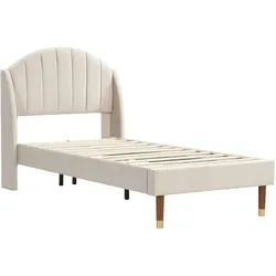 Merax Polsterbett 90x200 Ohrform Einzelbett aus Samt mit Kopfteil & Lattenrost Beige