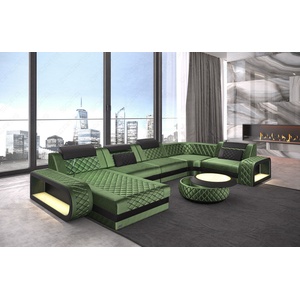 Sofa Wohnlandschaft Couch Samtstoff Ottomane Chesterfield BERLIN U in grün + LED