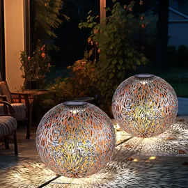GLOBO Solar Kugelleuchte Außen Solarkugelleuchte Garten, Dekor Stanzungen, antik-silber gold, LED AKKU, DxH 27 x 38 cm