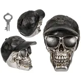 Out of the Blue Spardose mit Schloss, Totenkopf mit Basecap, ca. 16 x 13 cm, aus Polyresin, Silber