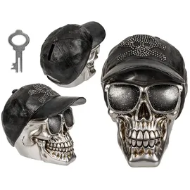 Out of the Blue Spardose mit Schloss, Totenkopf mit Basecap, ca. 16 x 13 cm, aus Polyresin, Silber