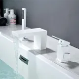 SHANFO 3 Loch Wannenrandarmatur Wasserfall - Badewannenarmatur Mit Handbrause, Einzelgriff - Armatur Für Badewanne, Weiß, 13Y6OK