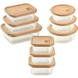 Bergner Greener - Set mit 9 stapelbaren luftdichten Borosilikatglasbehältern mit Bambusdeckel