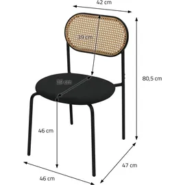 ML-Design Esszimmerstühle 2er Set, Schwarz, mit Rattan Rückenlehne Gepolsterte Stühle mit Gebogener Netzrücke, Rattanstuhl mit Metallbeinen, Polsterstühle Akzentstühle für Esszimmer Küche