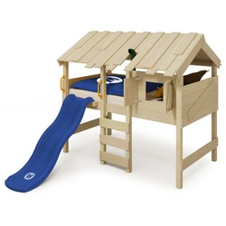 Wickey Kinderbett CrAzY Lagoon - Spielbett mit Rutsche 90 x 200 cm, Etagenbett (Holzpaket aus Pfosten und Brettern, Spielhochbett für Kinder), Massivholzbrett blau