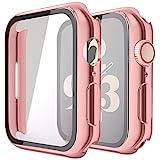Piuellia 2 Pack Hard Case with Tempered Glass Screen Protector for Apple Watch Series 9 (2023) Series 8 Series 7 45mm, Ultrathin Overall PC iWatch Protective Cover, 1 Rose Pink + 1 Transparent