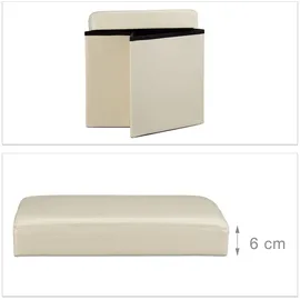 Relaxdays Faltbarer Sitzhocker, Sitzcube mit Stauraum u. Deckel, Fußablage, Sitzwürfel Kunstleder, 38x38x38 cm, creme