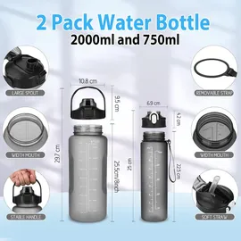 luxuskollektion 2er Pack Trinkflasche BPA-frei mit Zeitmarkierung & Strohhalm