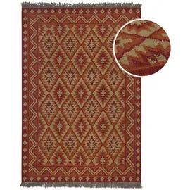 Green Looop Wollteppich GREEN LOOOP "Clare", rot (rost rot), B:80cm H:5mm L:150cm, Wolle, Teppiche, Fransen, Kelim, handgewebt, Natur, Wohnzimmer, Schlafzimmer, Raute