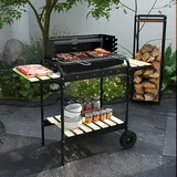 Holzkohlegrill Aus Metall Bbq Smoker Mit Räder, Höheverstellbar Grillrost, Holzablage 103x47x95 Cm Schwarz