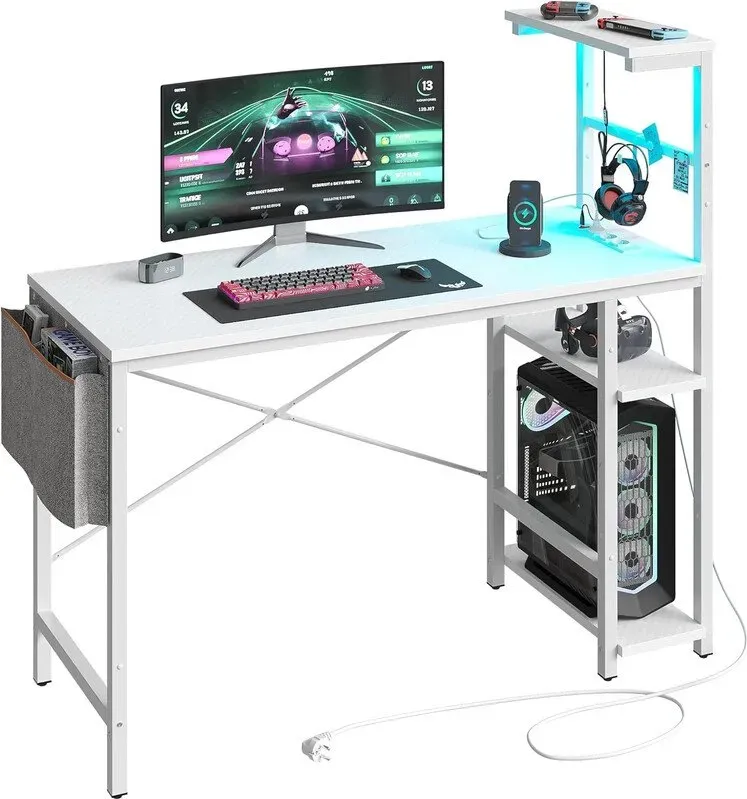 Bestier 113 cm Eck-Computertisch mit Steckdosen, Computertisch mit LED-Beleuchtung, Reversibler Tisch mit Seitentasche, Aufbewahrungstasche & Zubehörhaken für Home Office, kleine Räume, Weiß