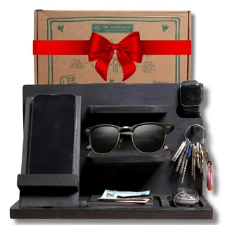 PEGSEN Nachttisch Organizer in Schwarz mit Handyhalterung - Aufbewahrung & Organisation - Schreibtisch Organizer für Büro - Taschenleerer - Dockingstation aus Holz