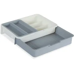 Relaxdays Besteckkasten, ausziehbar, 7 Fächer, für Besteck & Küchenutensilien, Kunststoff, HBT 6x23,5x31,5 cm, weiß-grau
