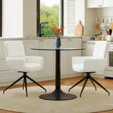 2er Set runder Esstisch aus gehärtetem Glas, schwarze Basisstruktur, zwei weiße 360° drehbare PolyurethanEsszimmerstühle, leichter Luxus-Stil - Schwarz/Weiß