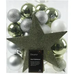 33 Weihnachtskugeln Kunststoff mit Christbaumstern Set bruchsicher Christbaumkugeln Weihnachtsbaumkugeln Christbaumspitze Grün Weiß Mix