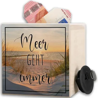 Meer Geht Immer I Urlaubskasse I Urlaub Spardose Holz | Urlaubsspardose | Urlaubsgeld | Maritime Auszeit - 10x10cm - Holz - geldgeschenk ostsee mit schlüssel reisekasse Reise sparschwein Thema für