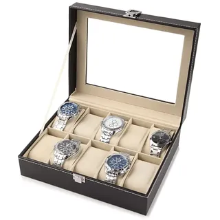 Uhrenaufbewahrungsbox, Uhrenbox für 10 Uhren, Uhrenkasten mit Glasdeckel, Uhrenschatulle aus PU-Leder, Uhrenkissen aus Samt, Uhrenkoffer mit Schloss, Schwarz Präsentationsbox Geschenk für Herren