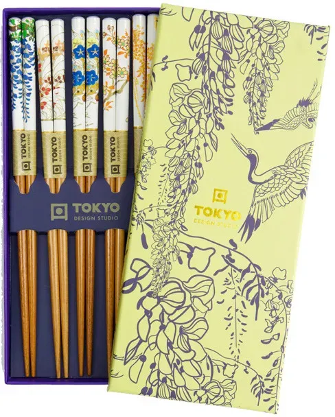 Tokyo Design Essstäbchen Blumenmotiven – 5er Set – natur