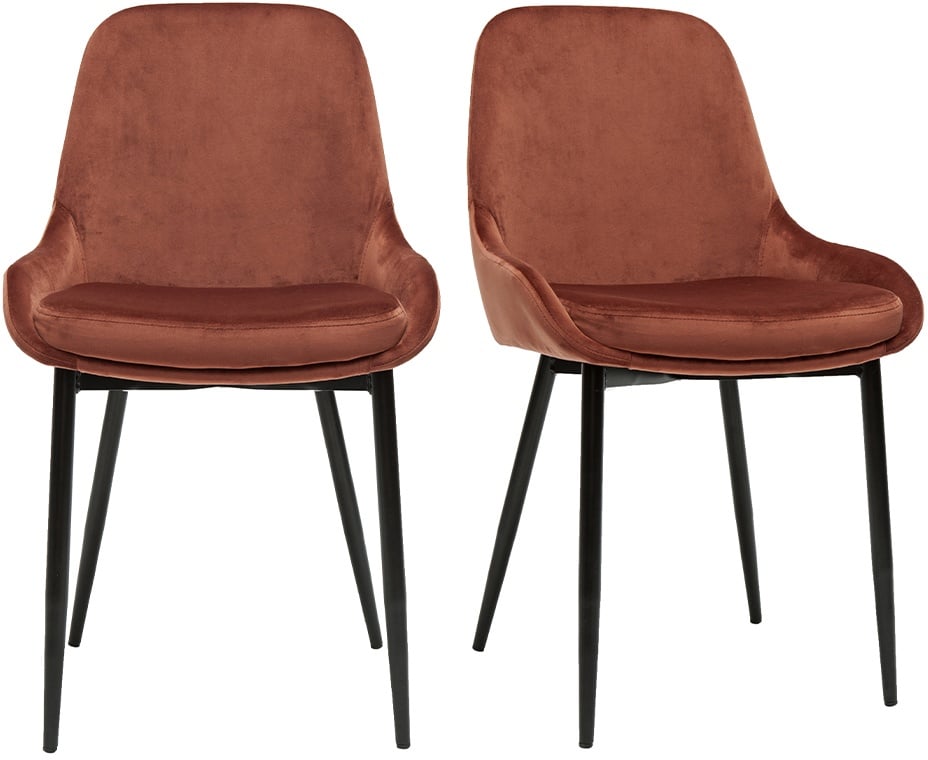 Chaises design en tissu velours rouge tomette et métal noir (lot de 2) HOLO