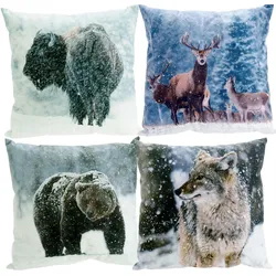 Dekokissen 45x45 cm Büffel Hirsch Bär Wolf Zierkissen Sofakissen Kissen Velours
