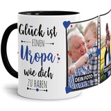 Tassendruck Fototasse mit Spruch für Uropa - Glück ist, jemanden wie Dich zu haben - zum Selbst gestalten mit 2 Fotos, Innen & Henkel Schwarz, 300 ml