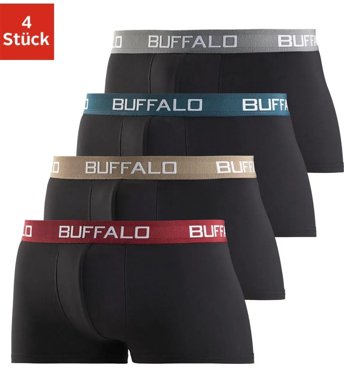 Hipster BUFFALO, Herren, Gr. S, 4 Stk., schwarz, Jersey, Obermaterial: 95% Baumwolle, 5% Elasthan, unifarben, körpernah, Unterhosen, knapp sitzende Boxershorts mit Kontrastbund aus Baumwollmischung